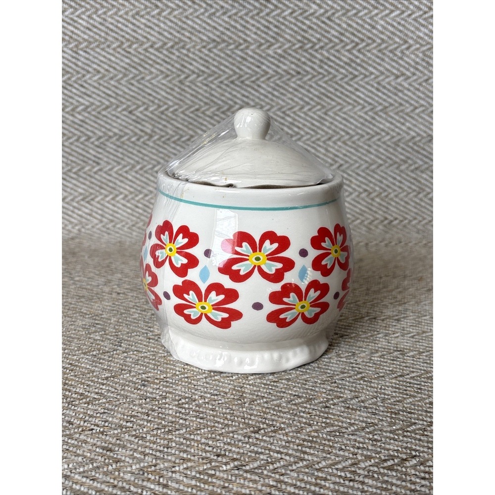 Pioneer Woman Stoneware Retro Flea Market Sugar Bowl & Lid Red Floral Canister - Picture 4 of 6